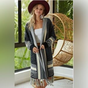 Women Boho Cardigan Sweater Long Open Front Maxi Knit SweatersTassel Fringe